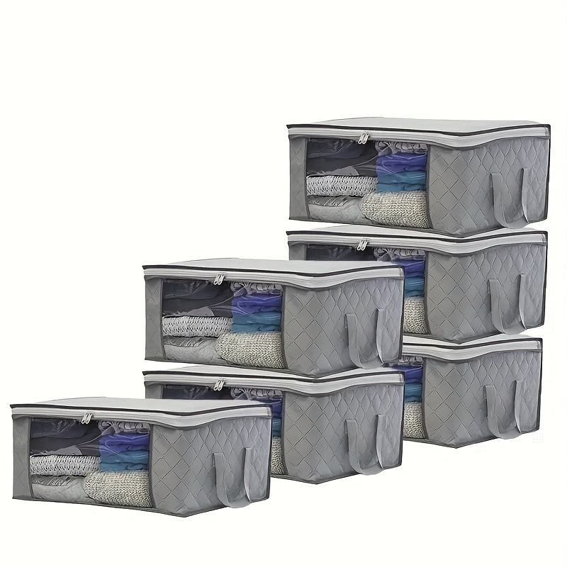 Clear-windowed fabric storage bins, stackable wardrobe organizers that are dustproof and foldable. These clothing storage boxes are sealed closet organizers for adult and teen apparel, ideal for home organization and as holiday gifts.