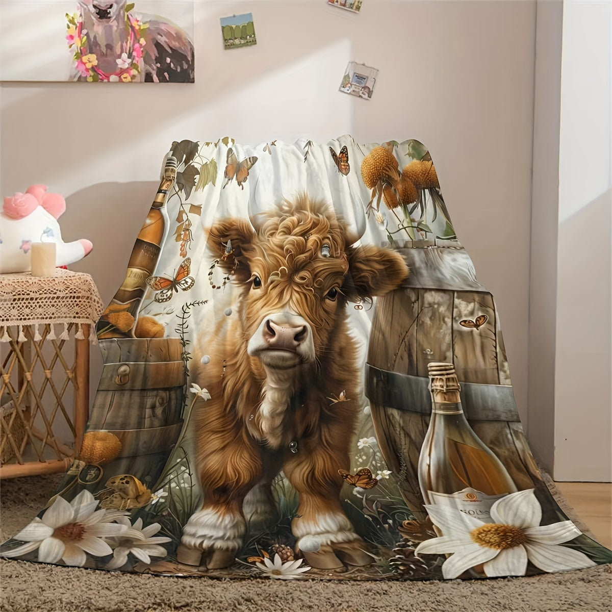 Highland Cow and Wine Barrel Printed Throw Blanket in Contemporary Style - Versatile, Cozy, and Long-Lasting for Any Time of Year