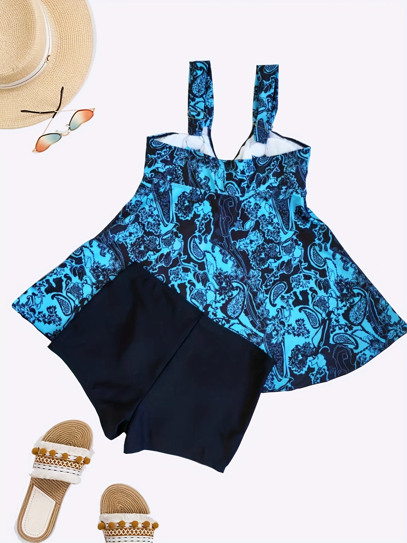 Boho-style tankini set with paisley print, includes tie-front tank top and panty swimsuit