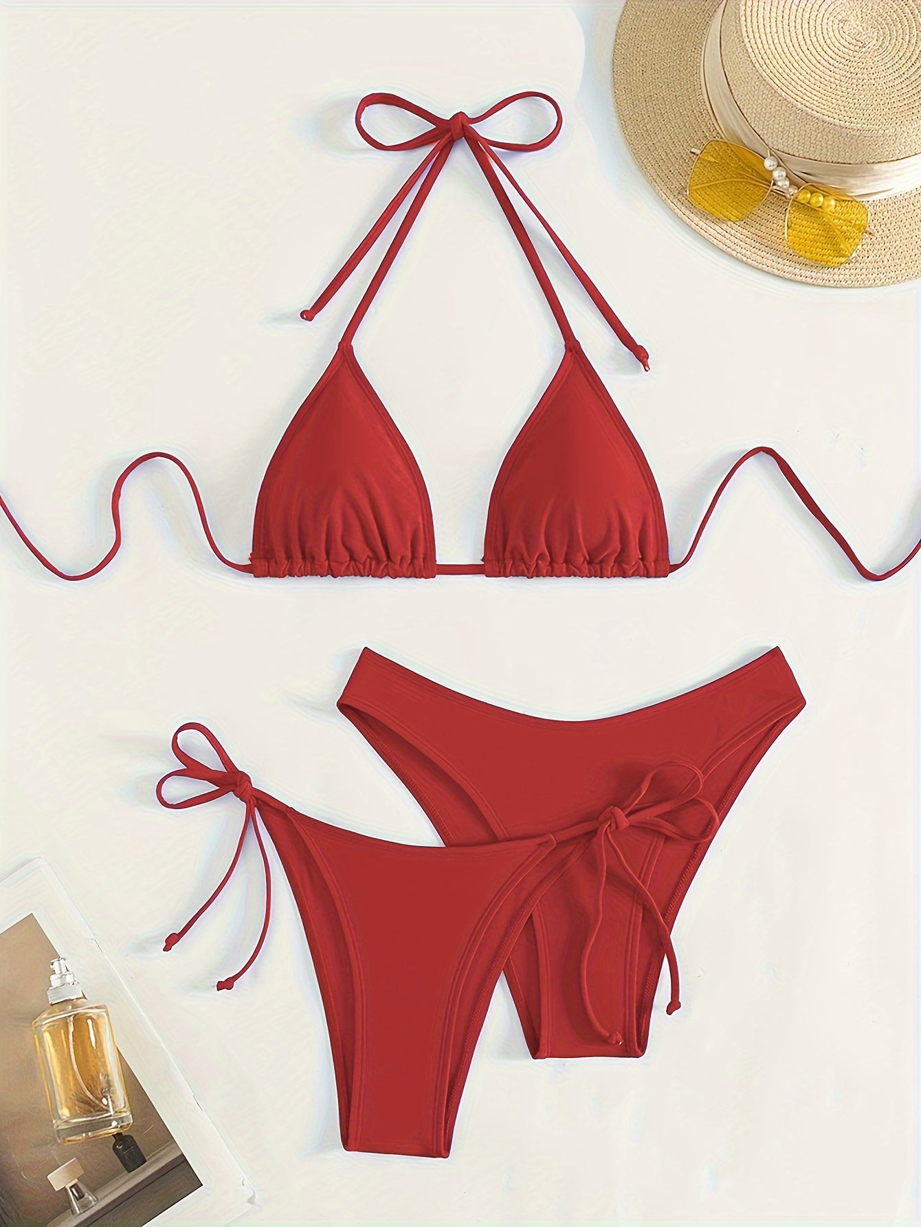 Solid color 3-piece bikini set with halter neck and backless design. Ideal for women's swimwear and clothing.