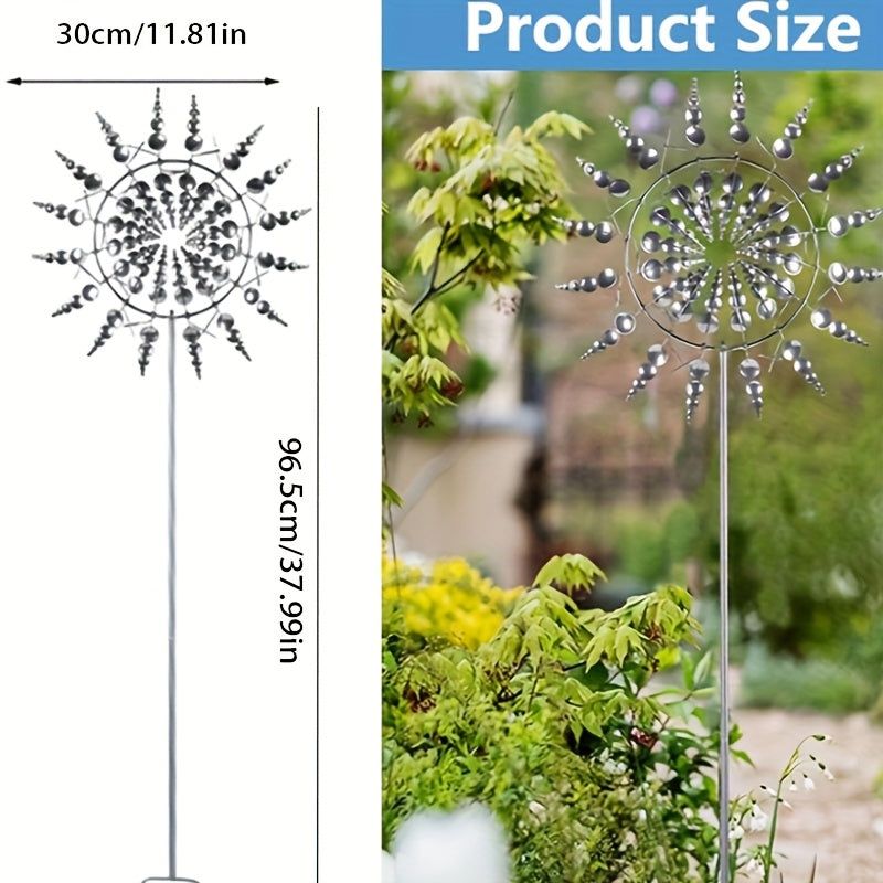 Solar-powered iron wind sculpture with 3D kinetic metal windmill design, ideal for outdoor garden decor.