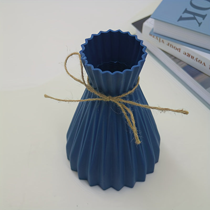 Modern plastic vase for living room or office table decoration, featuring a waist design suitable for flower arrangements. Nordic style with corrugated texture. Flowers not included.