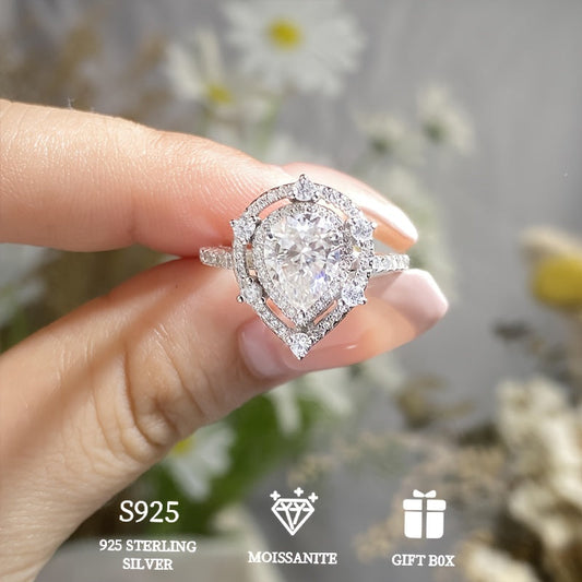 Beautiful 2ct Pear Shaped Moissanite Water Drop Ring in 925 Sterling Silver, Hypoallergenic for Women. Perfect for Wedding or Engagement. Comes with Moissanite Certificate and Elegant Gift Box.