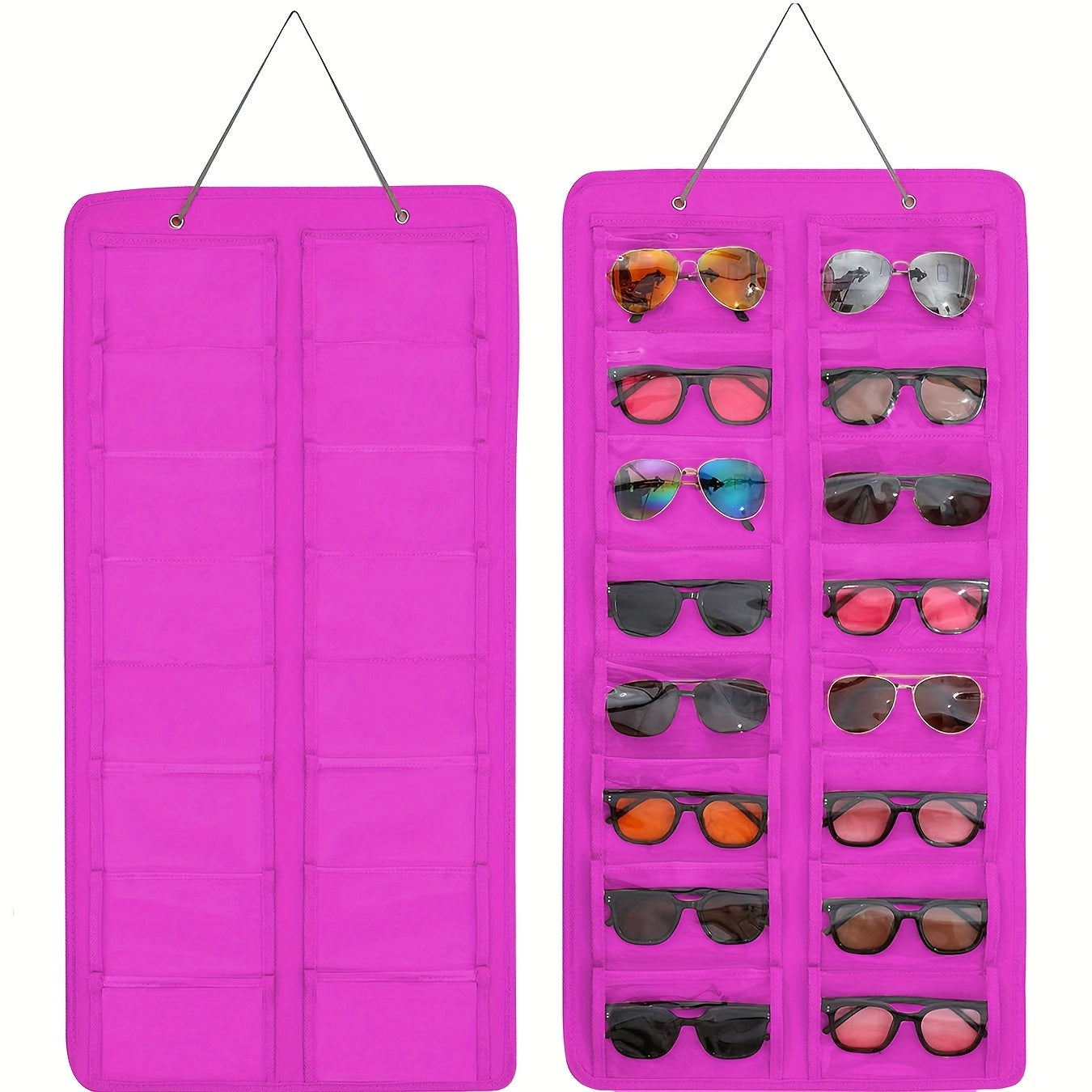 Get yourself the perfect solution for organizing your glasses with this 16-Slot Glasses Organizer. This hanging PVC wall pocket is dust-proof and includes a metal hook and sturdy rope for easy hanging. Ideal for storing women's fashion accessories, this