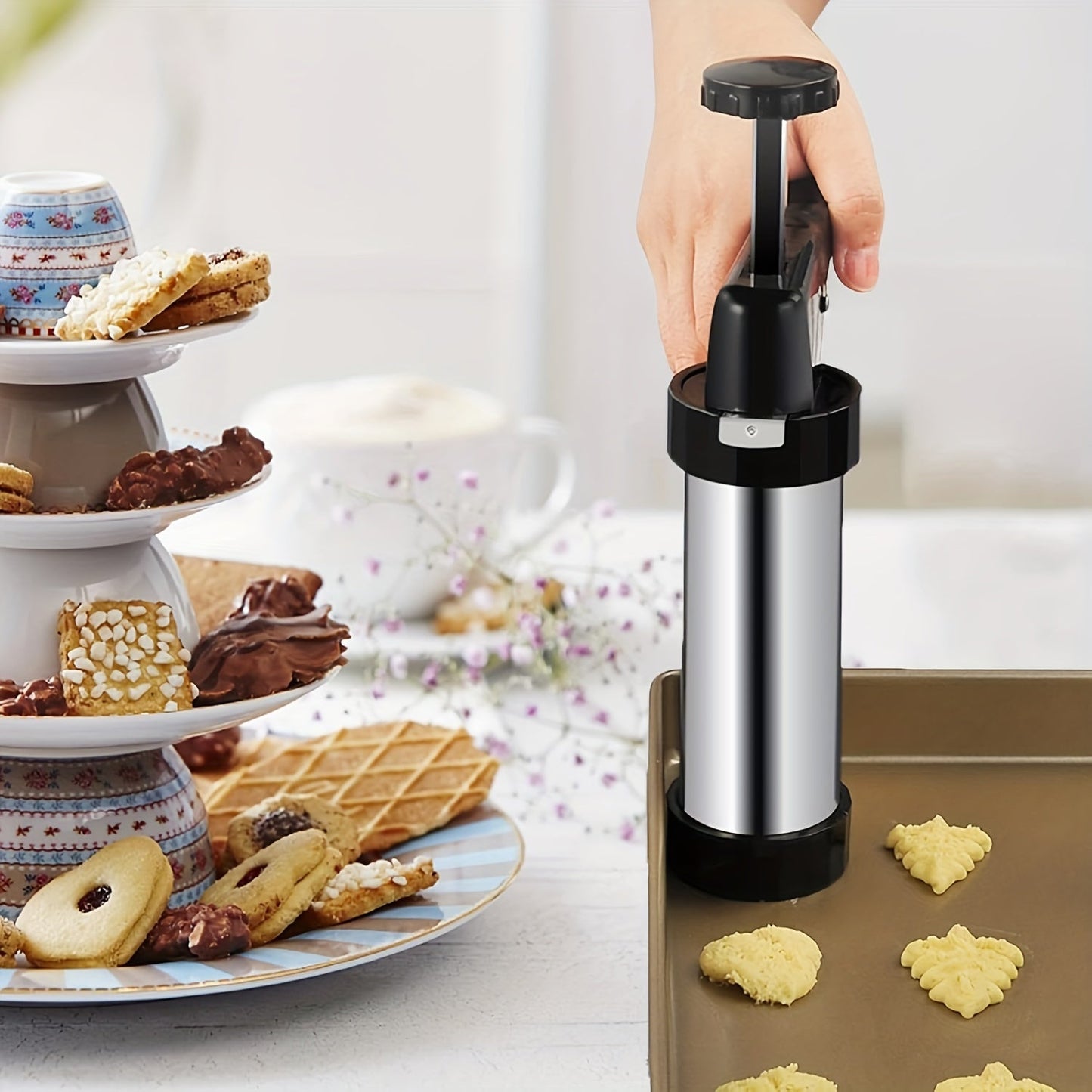 22-piece stainless steel cookie press kit includes 13 disc shapes and 8 icing tips for manual biscuit making and decorating. This non-electric dough extruder and cake decorator is perfect for home baking tools.