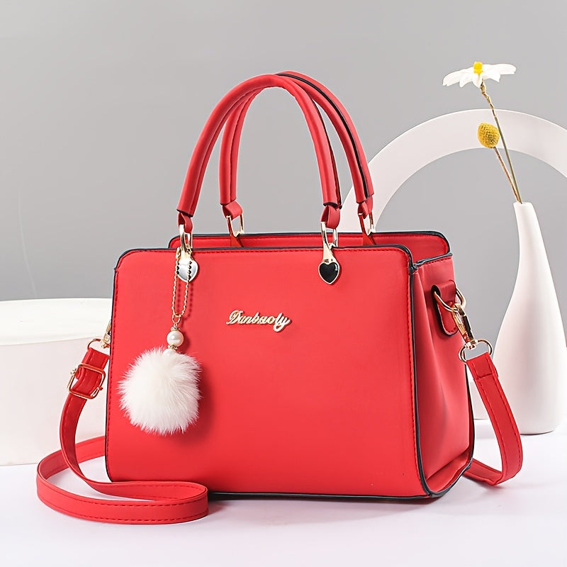 Solid color handbag with multi-layer crossbody design, satchel purse for women with pompom ball charms.