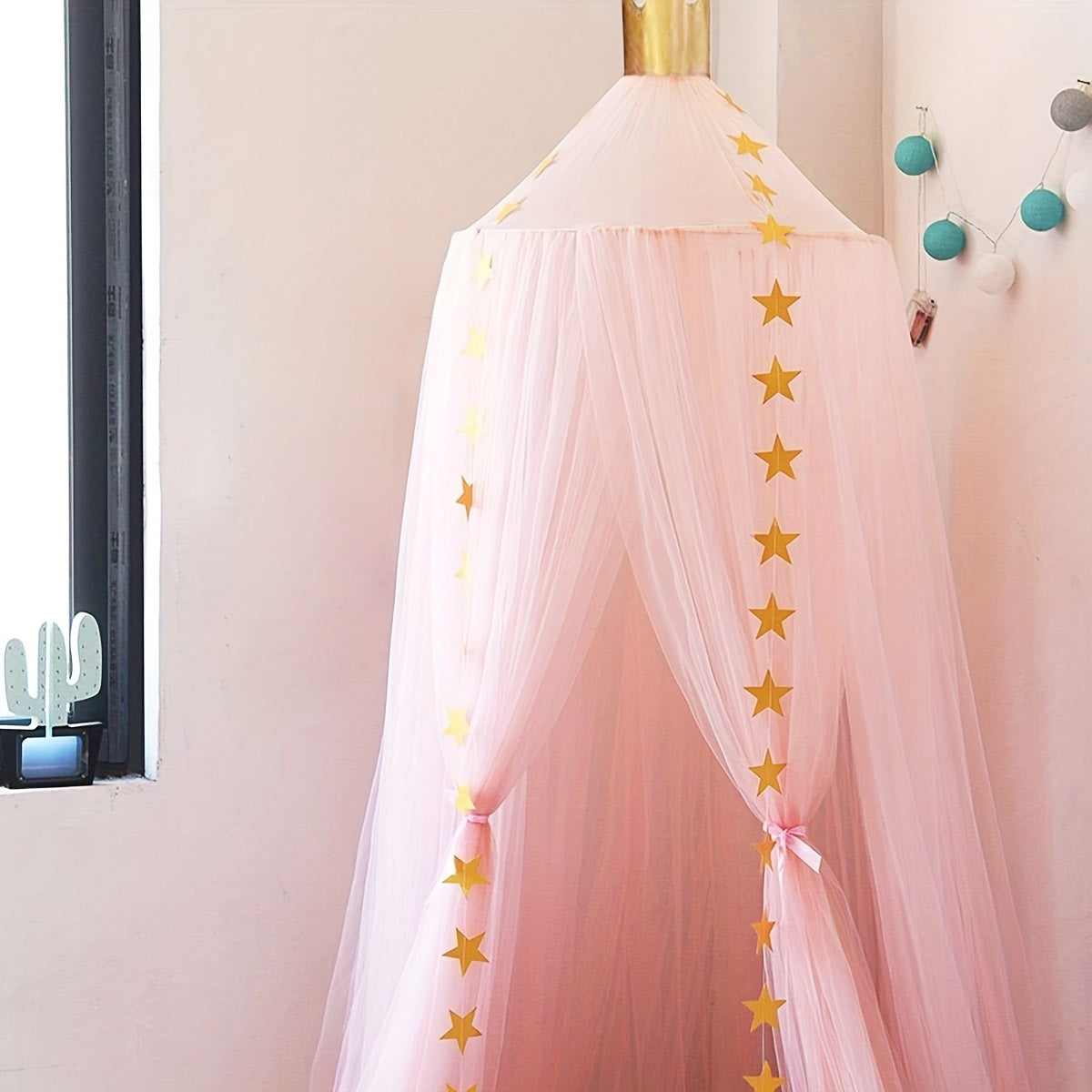 Whimsical pink princess bed canopy for girls featuring soft chiffon dome with star accents, 240.03cm height, ideal for nursery and reading corner décor.