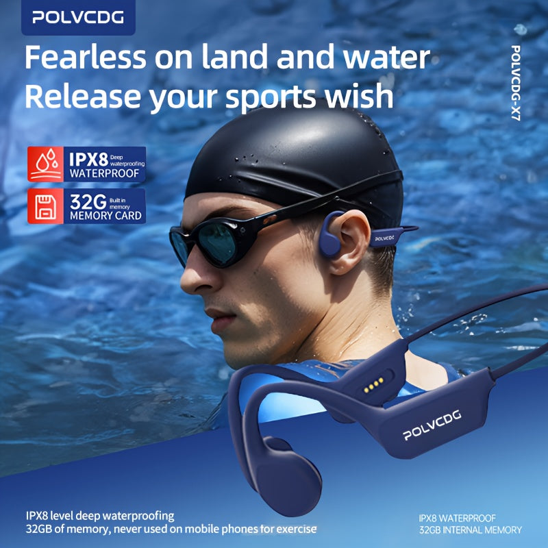 1pc POLVCDG X7 Wireless Bone Conduction Headphones with 10H playtime, 32GB memory, open-ear design, volume control, and compatibility with phones for swimming, running, cycling, and fitness.