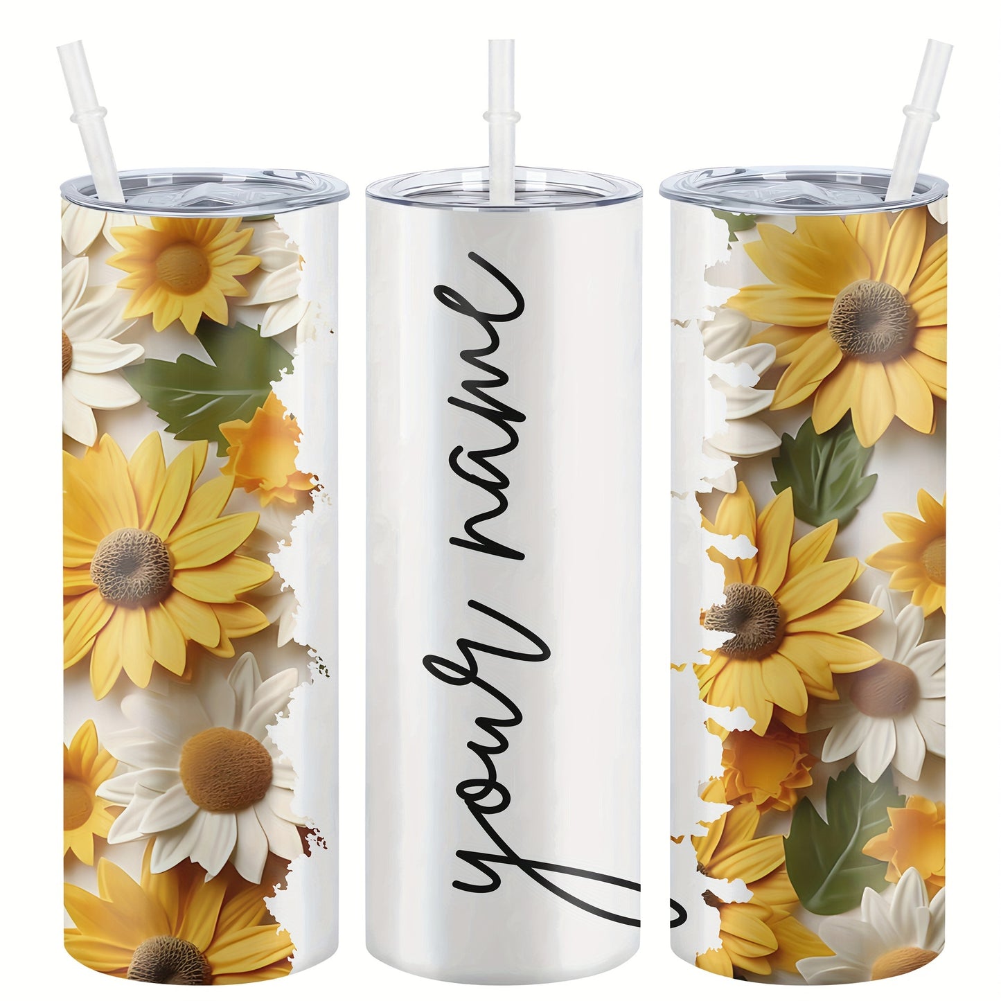 Customized sunflower stainless steel water bottle, 20oz with lid and straw, BPA-free, shatterproof, machine washable, perfect for outdoor travel and Valentine's Day gift.