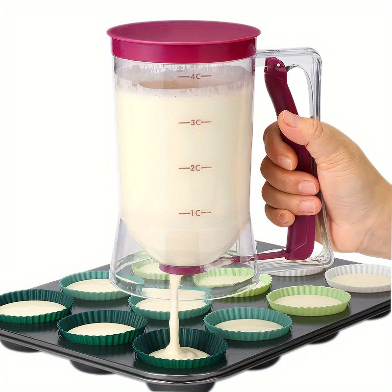 Non-electric handheld plastic pancake mixer for cupcakes and waffles, featuring an easy grip design. This food-safe, durable, and lightweight kitchen accessory ensures convenient baking.