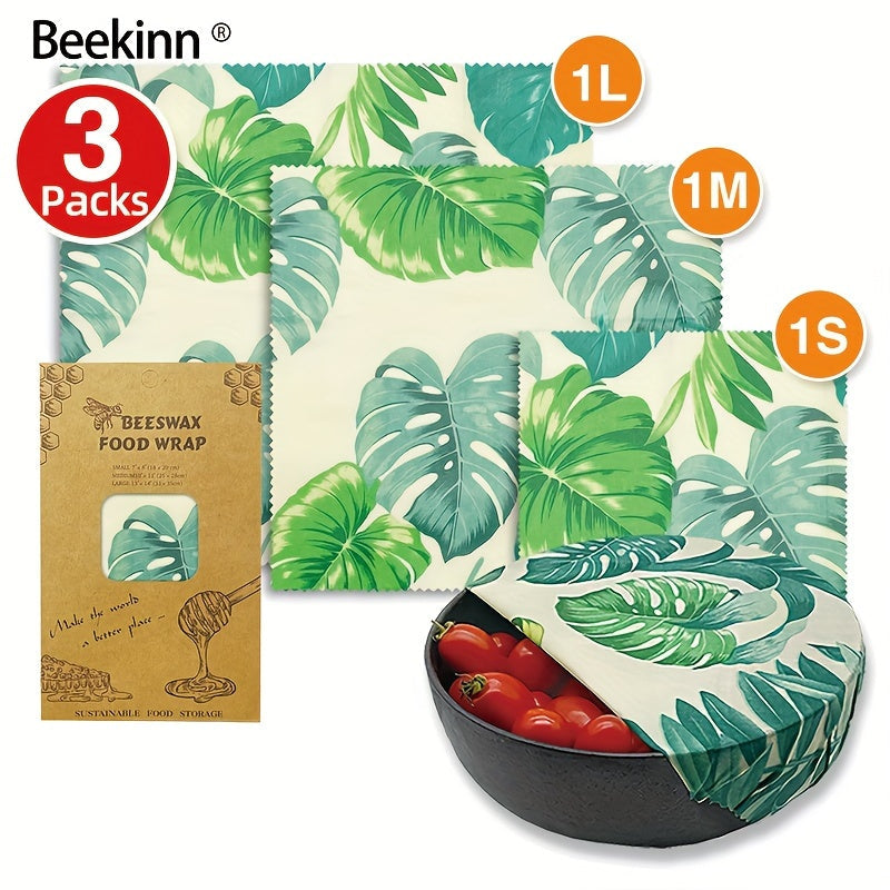 3-piece Beekinn Beeswax Reusable Food Wraps in Abstract Curves Pattern - Sustainable, Zero Waste Food Storage Solution