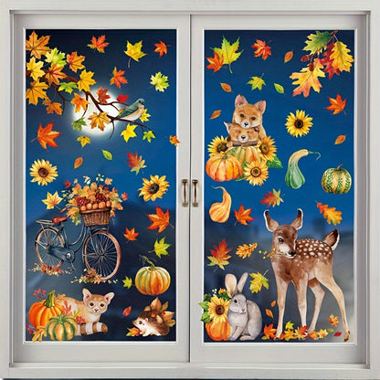 68 large fall decorations including cute animals, pumpkins, and maple leaves in a set of 9 Autumn Harvest window clings. Easy to apply and remove, making them perfect for decorating Thanksgiving home and party display windows.