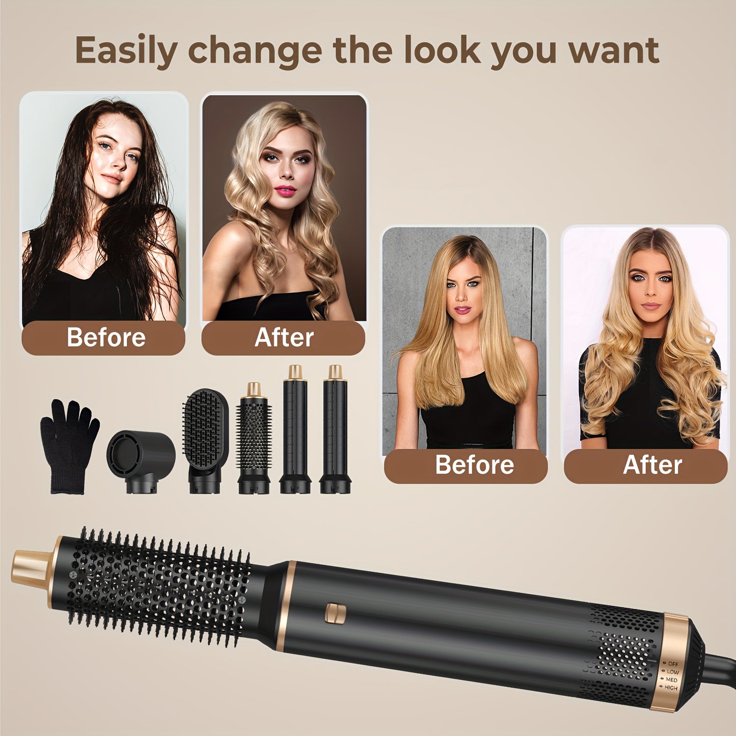 5-in-1 Hot Air Comb Set with Hair Dryer, Curling Iron, and Straightening Brush