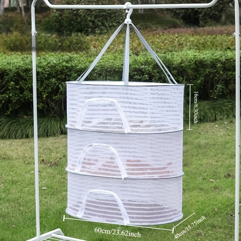 Multi-Layer Mesh Drying Rack with Anti-Mosquito Protection - Made of Strong, Durable Polyester Net for Preserving Salted Fish and Vegetables. Features 3-Tier Design for Hanging and Drying Outdoors. Ideal for Kitchen Storage and Comes with Utility Hooks.