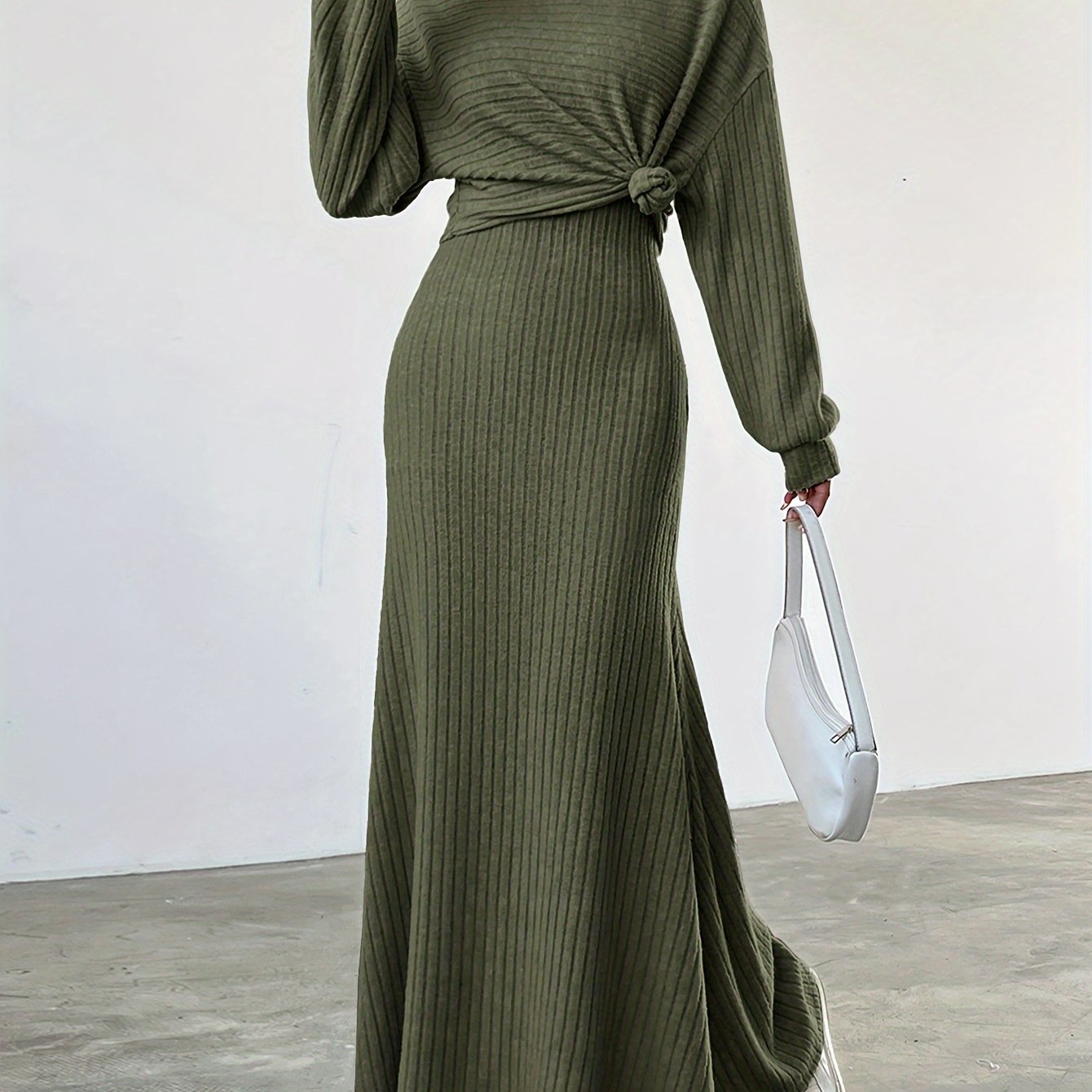 Solid color ribbed dress set with long sleeve cover up top and sleeveless tank dress, women's clothing.