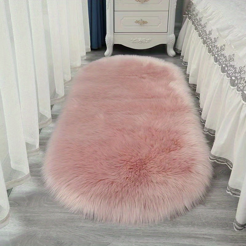 One piece of solid fuzzy oval rug, a contemporary floor carpet perfect for bedrooms.