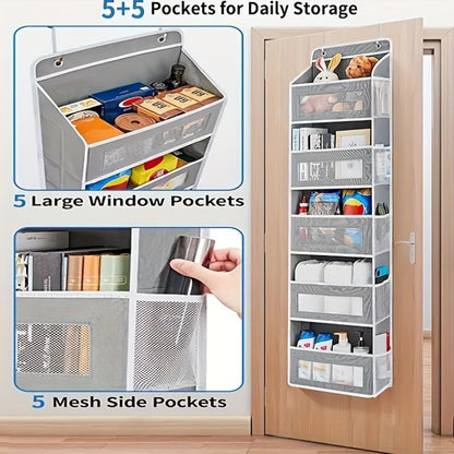 Multi-room hanging storage organizer with 5 shelves for tweens, fits doors up to 4.5cm thick, ideal for saving space in closets.