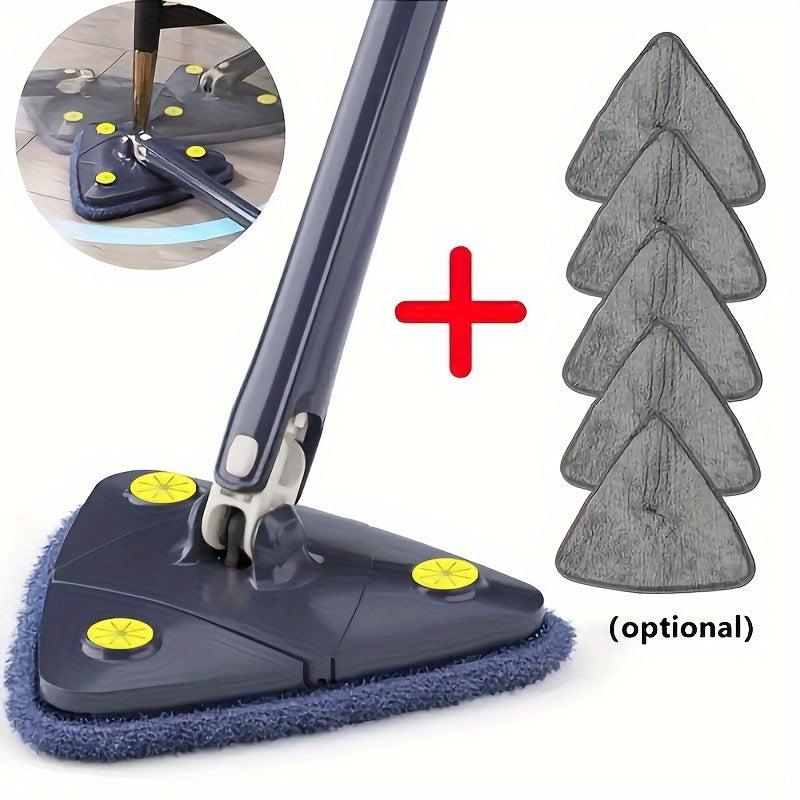 360-degree rotating triangle mop with telescopic handle – a versatile cleaning tool for wet and dry use on floors in the bathroom, kitchen, bedroom, and living room. Comes with an adjustable handle and microfiber pad.