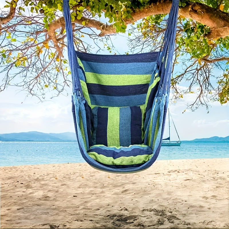 Blue & Green Striped Hammock Chair with Wooden Rod for Indoor/Outdoor Relaxation.