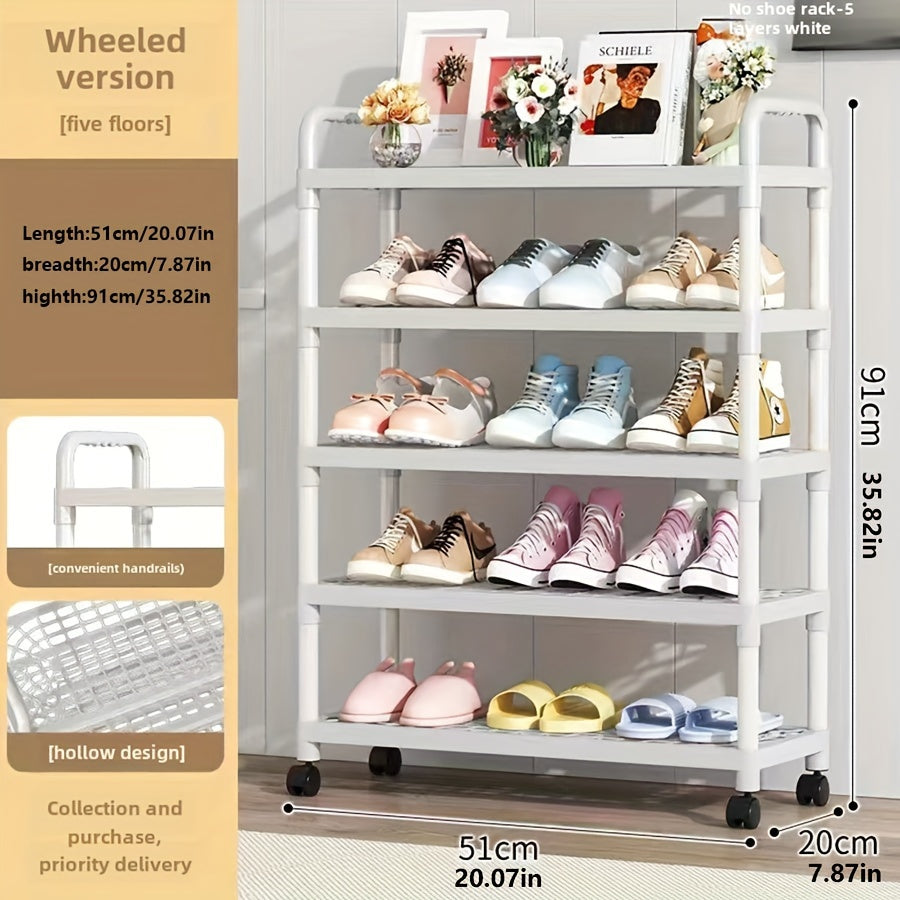 Free Standing Multi-Layer Plastic Shoe Rack with Wheels, Holds Many Shoes, Perfect for Dorms and Rentals, Easy to Assemble