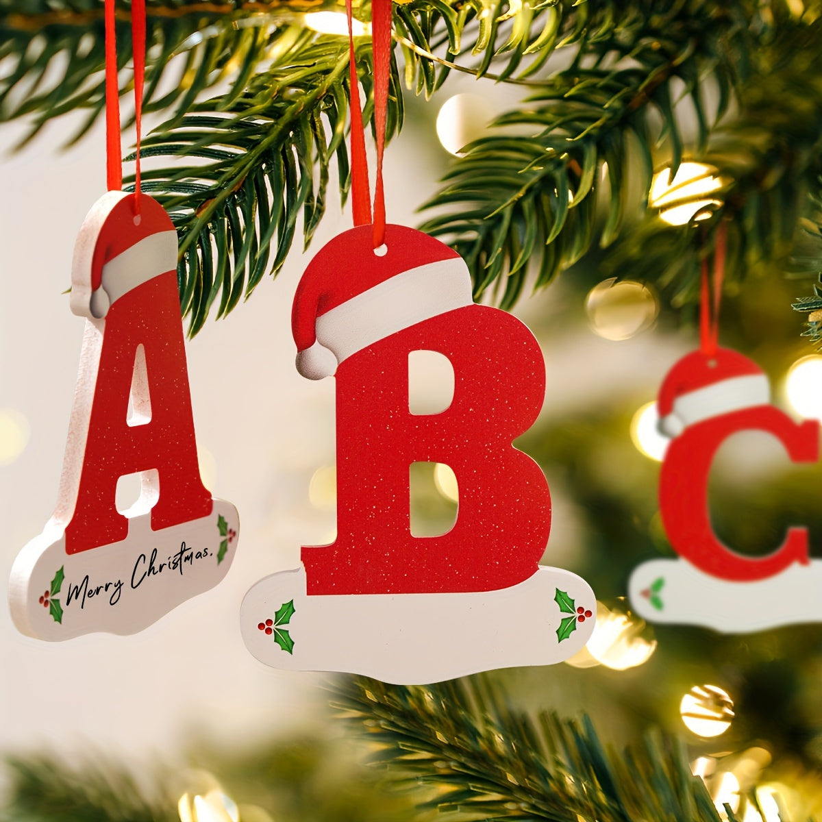 Classic Christmas tree alphabet pendant, Santa hat letter ornaments, DIY hanging decorations for Christmas and New Year with snowflake material. Ideal for indoor festive decor.