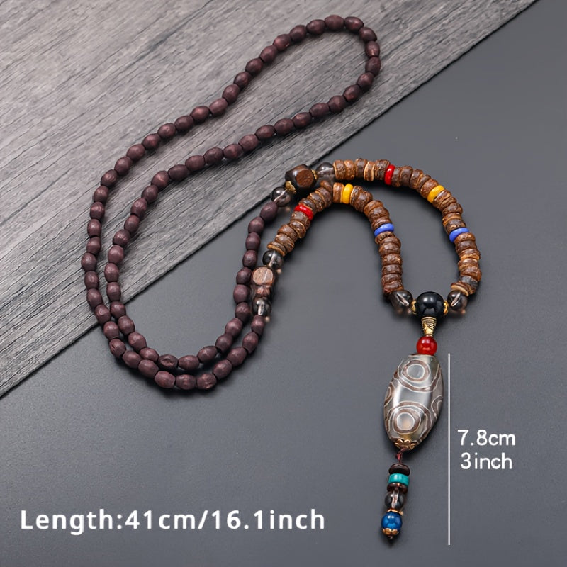 Gift Necklace: Long Sweater Chain with Boho Style Wooden Beaded Pendant, Carved Jewelry