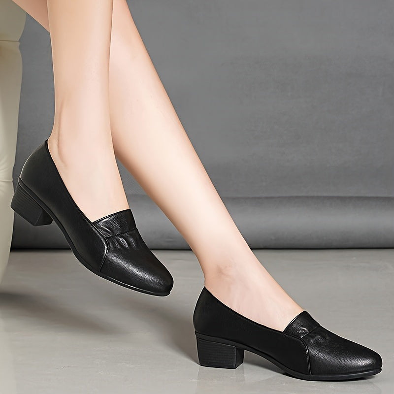 Fashionable solid color slip-on shoes with soft sole and chunky heel, ideal for daily wear.