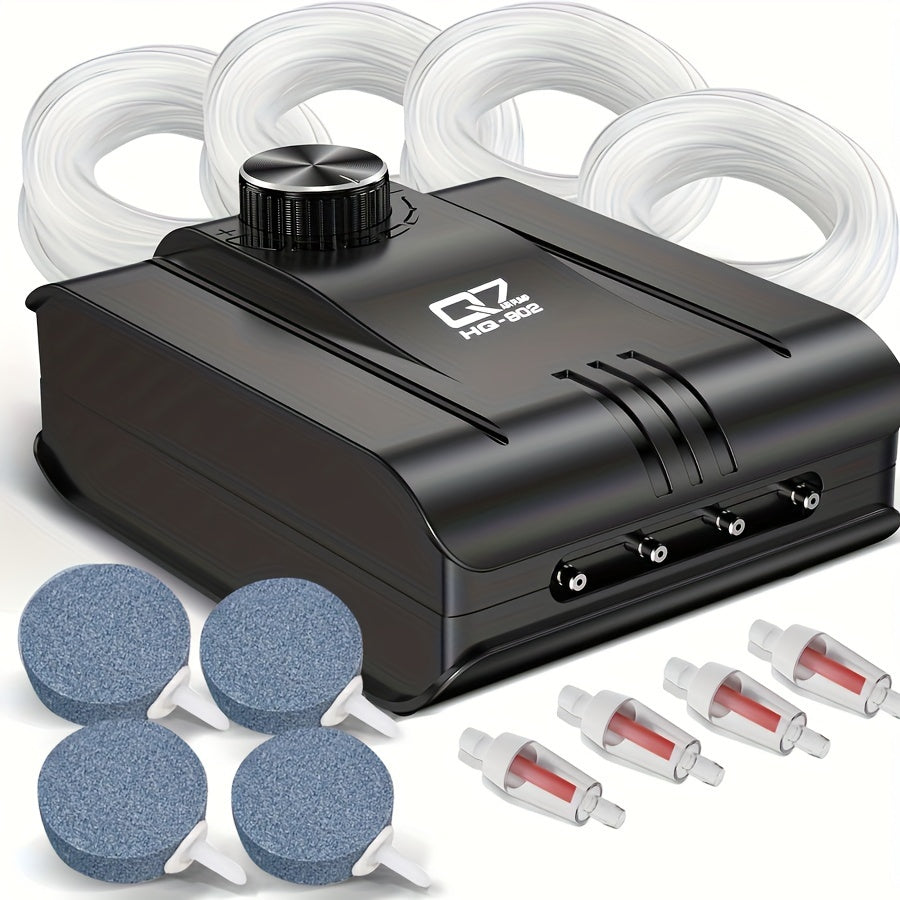 Quiet fish tank air pump with 4 outlets for aquariums up to 400 gallons, no battery needed.