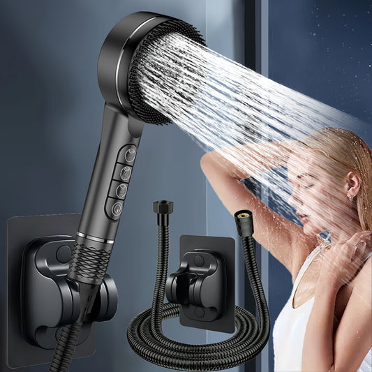 High-pressure handheld shower head with 5 modes, includes stainless steel hose and adjustable bracket, no batteries required.