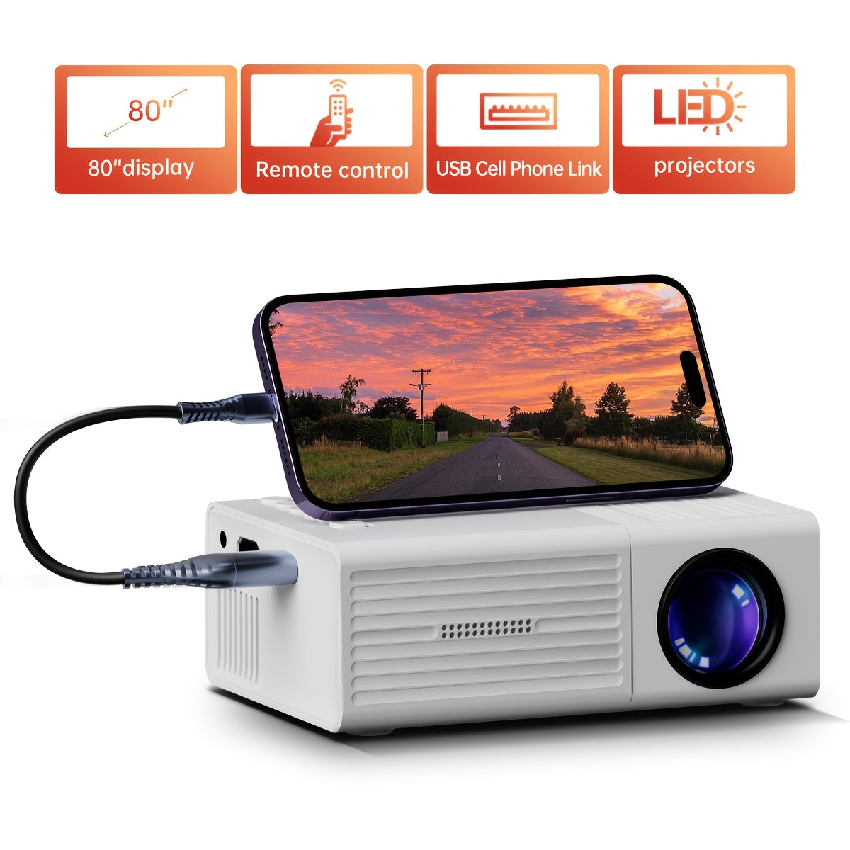 Portable Mini HD projector with 4:3 aspect ratio, EU plug. Compatible with HDTV/USB/AV/Android/iOS for entertainment on the go.