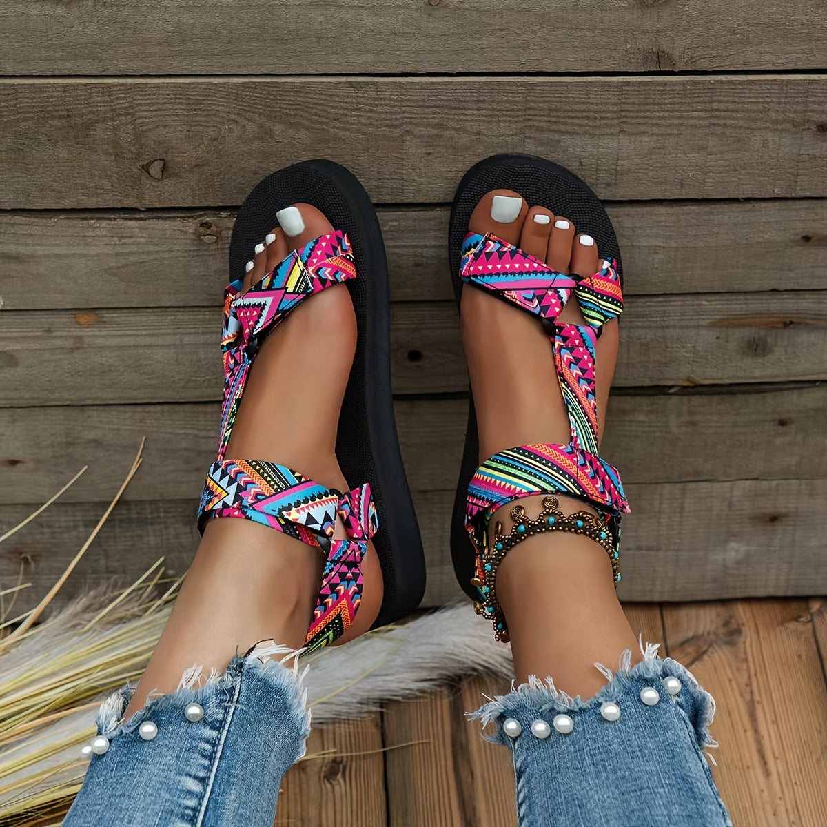 Flat sandals with tribal pattern, open toe and lightweight design for casual summer wear.