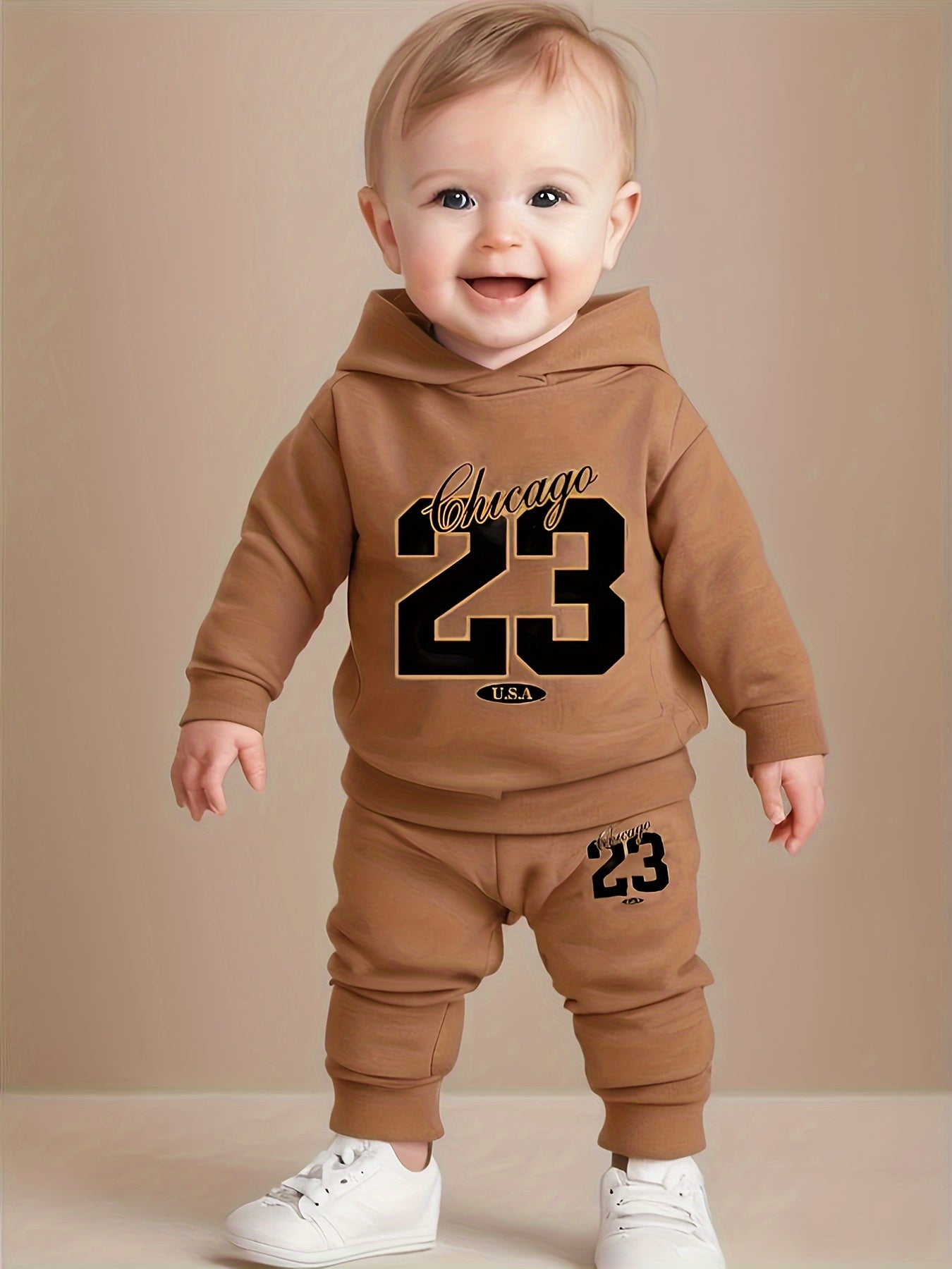 Baby boy's Chicago 23 print hooded sweatshirt + pants outdoor set for comfy and trendy outdoor play and daily life.