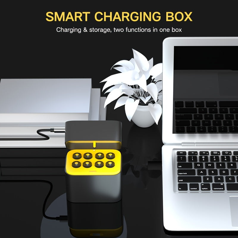 8-pack of rechargeable AA batteries with smart charging and storage case, made of lithium polymer and delivering constant voltage, with a capacity of 3600mWh.