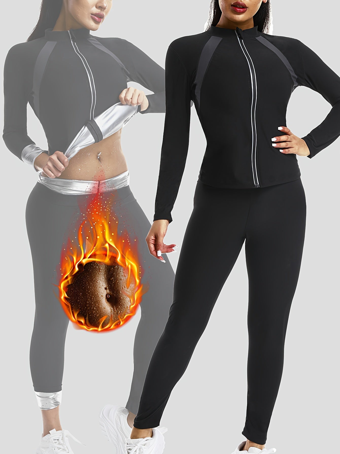 Women's fitness long sleeve pants suit for sauna sports, European and American design. Perfect for yoga and fitness, includes jacket and shorts.