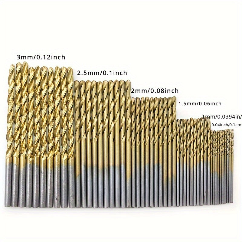 50-piece titanium coated drill bit set with high-speed steel, hex shank, precision tip. Durable tool kit for wood, metal, and plastic drilling.