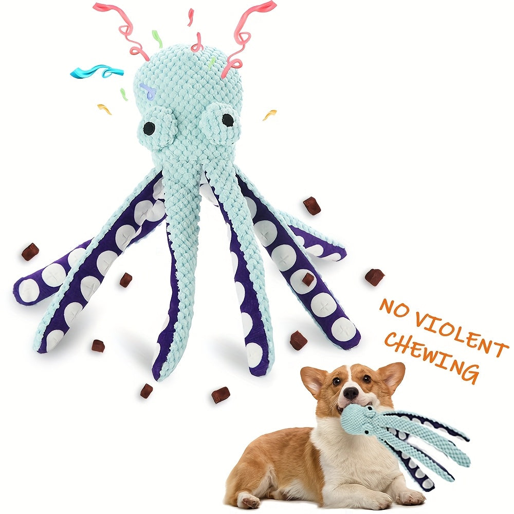 Interactive plush octopus dog toy makes sounds and is suitable for all breeds, no batteries needed.