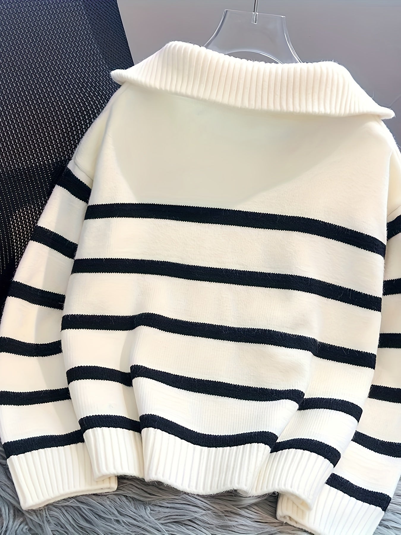 Cozy, thick zip-up sweater for women with chic stripes, perfect for spring/fall, machine washable.