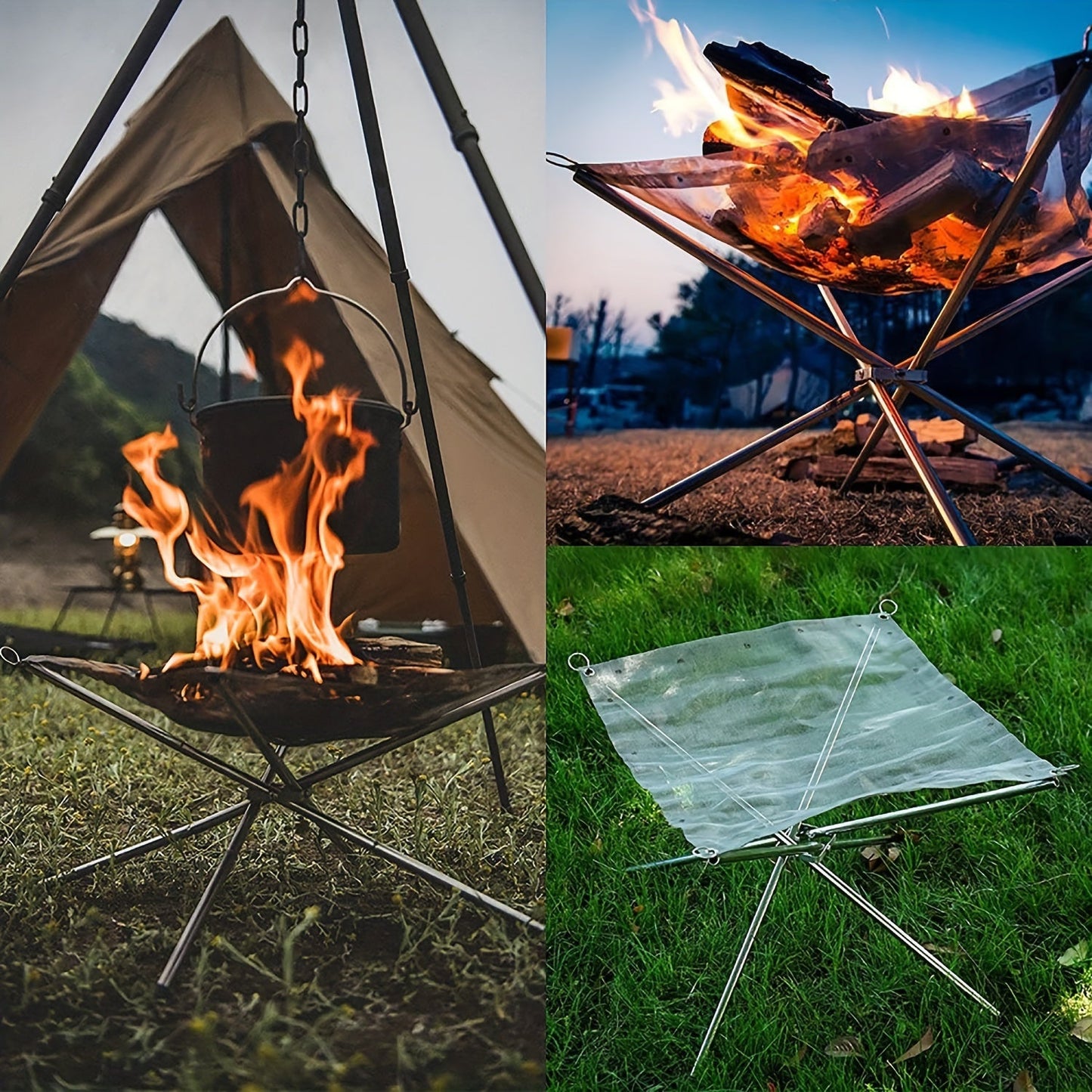 Portable Campfire Pit Grill made of stainless steel with a collapsible fire stand for camping, picnic BBQ. Includes a log carrier holder and carrying case.