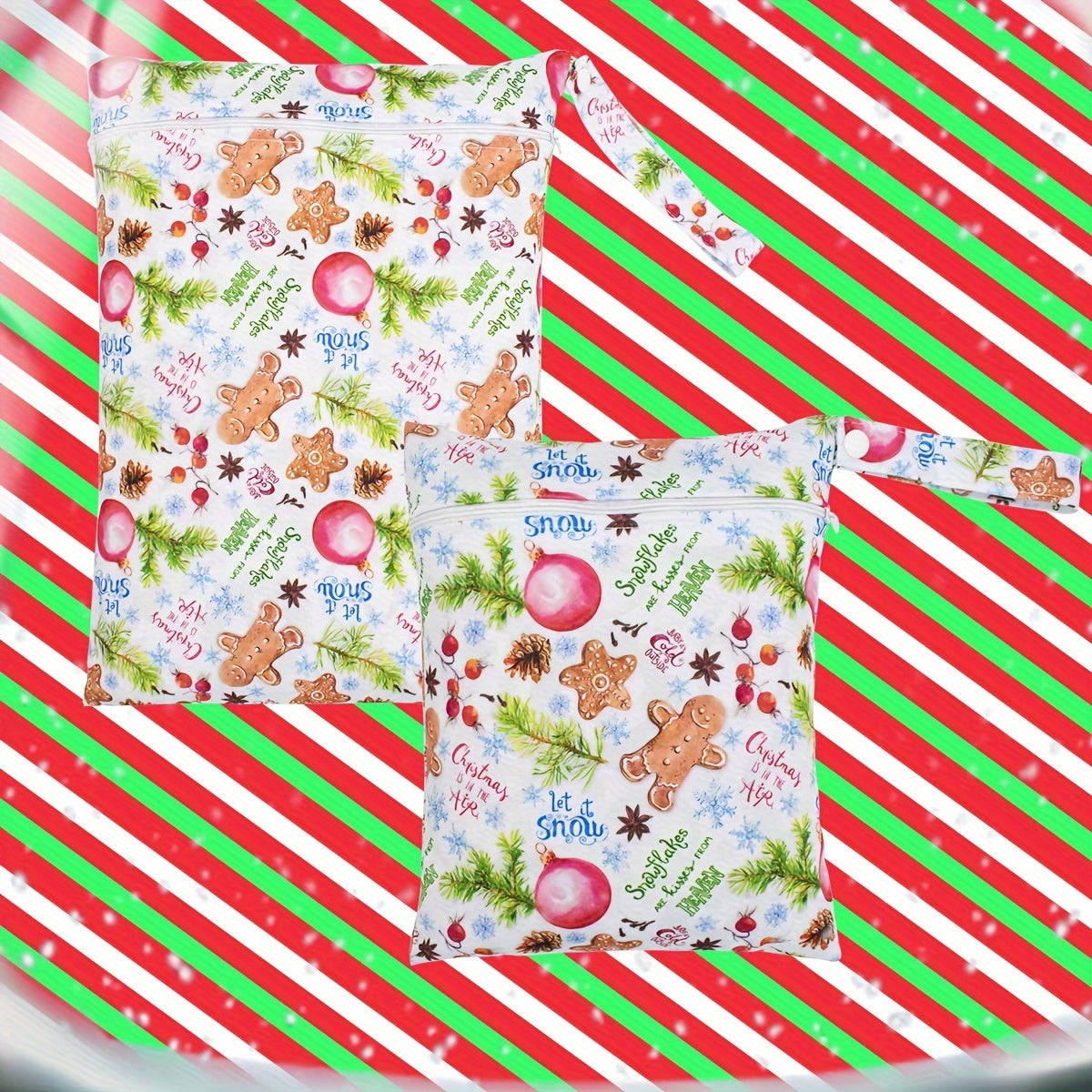 Set of 2 Polyester Wet Dry Bags for Baby and Adults, Reusable Sealed Diaper Pouch with Handle - Perfect for Travel, Beach, Gym, and Toiletries - Featuring Festive Christmas Designs, Fragrance-Free