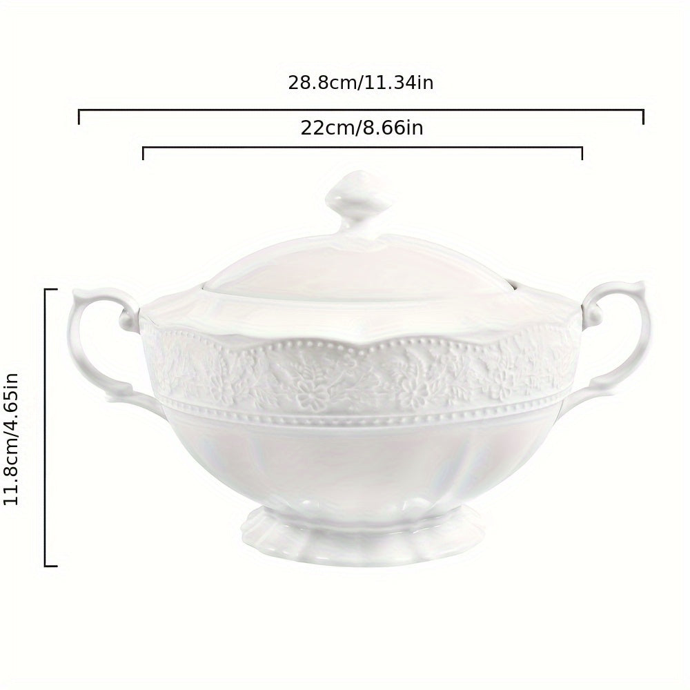 Beautiful White Ceramic Soup Tureen with Lid and Handle - Ideal for Use at Home, Restaurants, and Parties