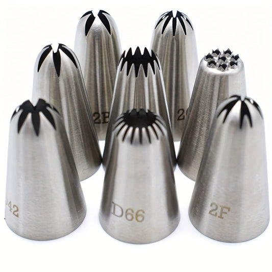 Set of 8 Stainless Steel Piping Tips - Includes Medium and Thick Seamless Icing Nozzles for Cake Decorating, Perfect for Kitchen and Restaurant Use