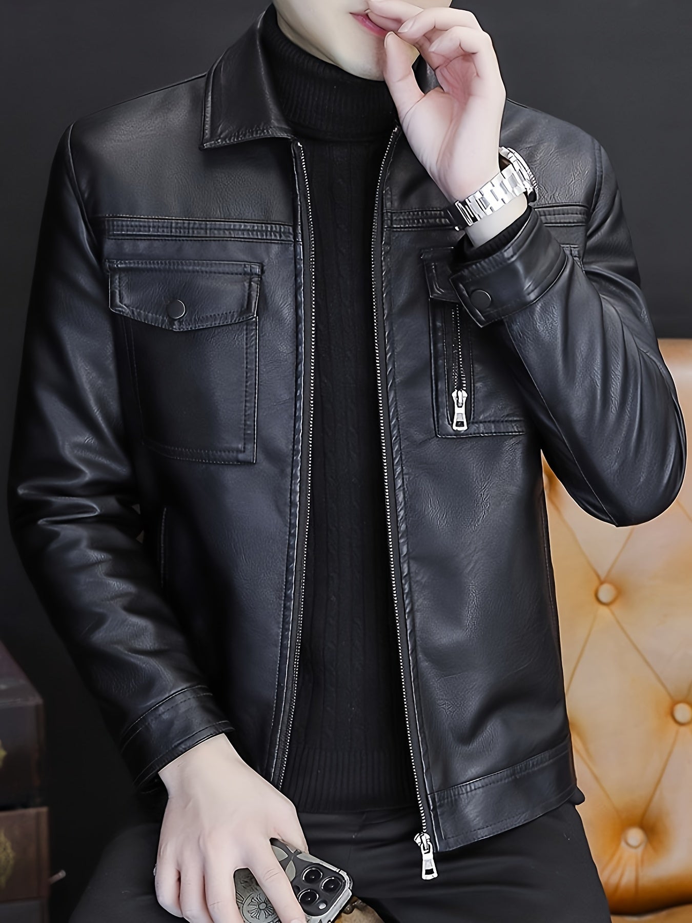 Men's stylish black jacket with multiple zippered pockets, long sleeves, and lapel collar for fall and winter, inspired by Korean fashion.