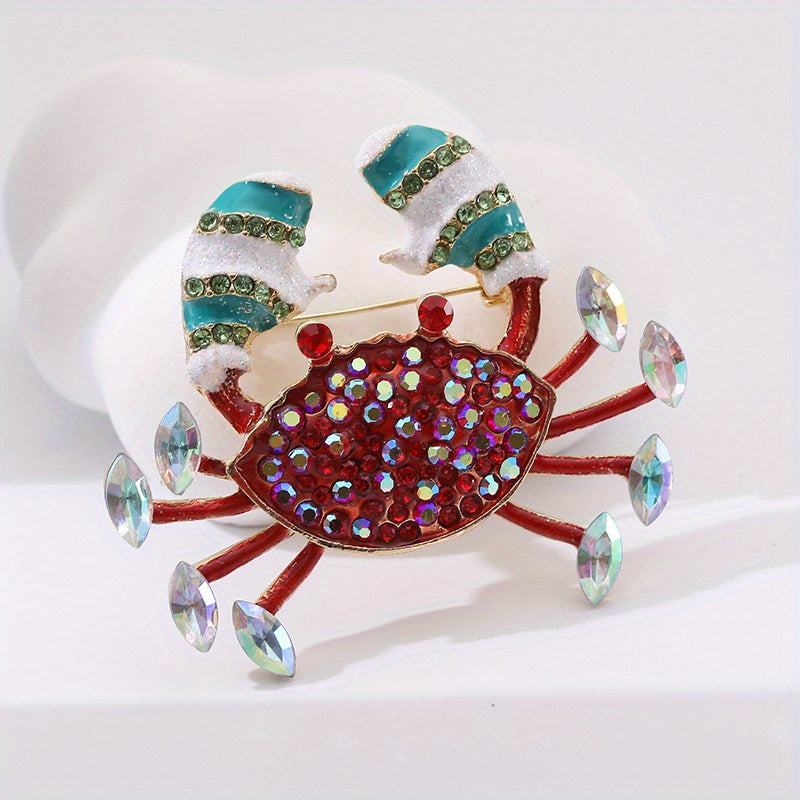 Elegant Rhinestone-Covered Crab Brooch Pin - Adorned with Red & Multicolor Gems, Perfect for Suit Jackets & Special Occasions, Great Gift for Couples