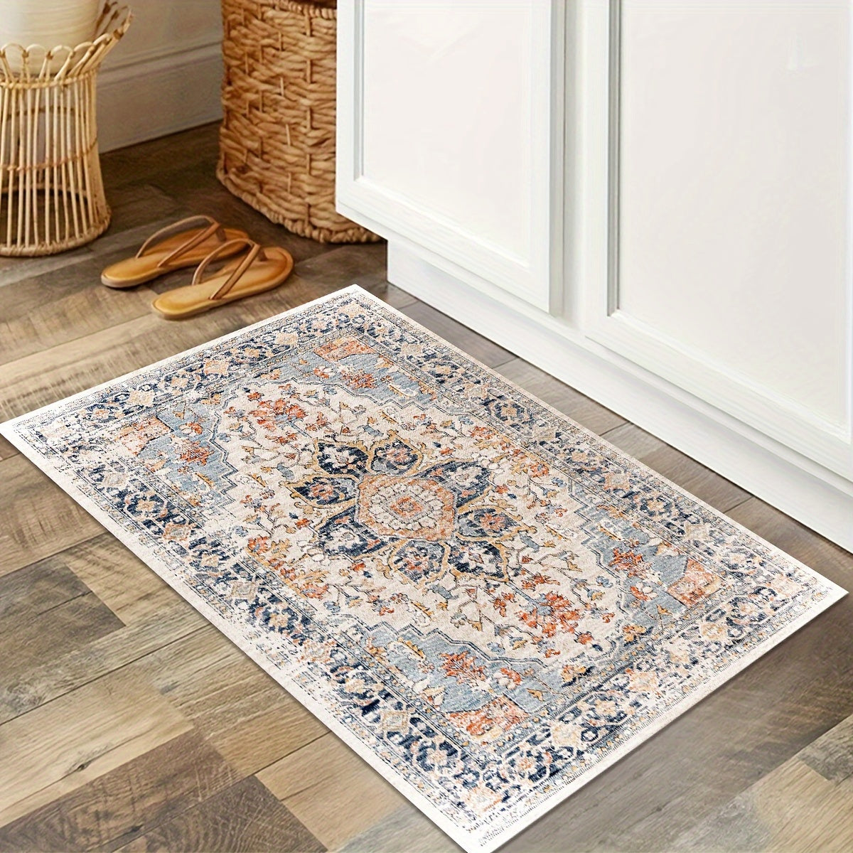 Lightweight Bohemian Light Blue Paisley Pattern Comfort Mat with Non-Slip PVC Backing - Machine Washable Polyester Kitchen Rug | Braided Weave, Medium Pile | Decorative Anti-Fatigue Runner for Kitchen, Dining, Laundry Room - Under 2.16m², Shortest Side