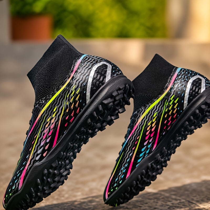 Men's professional soccer cleats with TF artificial grass outsole, lace-up closure, faux upper, fabric lining, rubber outsole, and random pattern design.