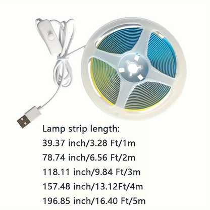 5V COB LED light belt with USB wire switch, suitable for various indoor and outdoor lighting applications.