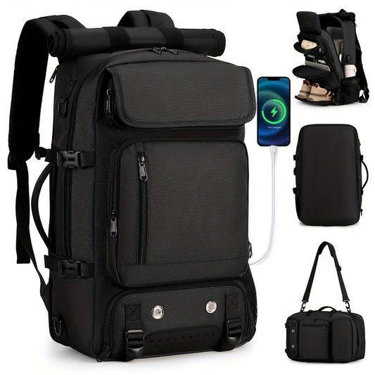 Durable black backpack for hiking and camping with large waterproof capacity, shoe compartment, and adjustable straps. Made from polyester.