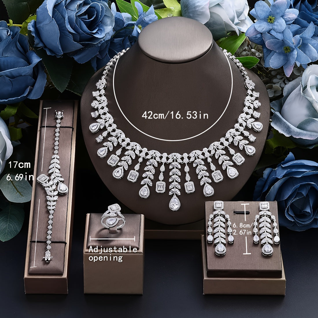 Stunning 4-Piece Wedding Jewelry Set for the Bride, featuring Luxury Women's CZ Necklace, Earrings, Bracelet, and Ring in an Elegant Design