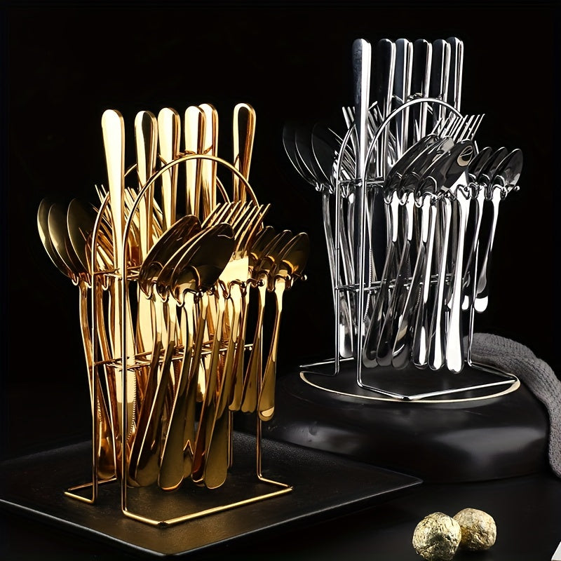 24-piece Golden Stainless Steel Cutlery Set with Metal Stand - Includes Steak Knives, Forks, Spoons - Ideal for Home, Restaurant, Party, Wedding.