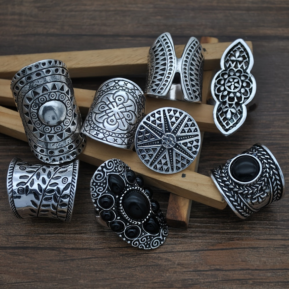 A collection of 8 autumn and winter themed retro rings featuring wide faces, exaggerated bohemian style, and intricate three-dimensional carvings. Perfect for everyday wear or as a special gift for friends during any occasion.